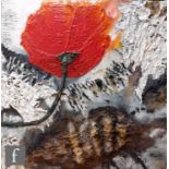 P Bujosa (20th Century) - Oil on canvas and raised relief, red flower in an arid landscape,