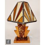 Unknown - An Art Deco carved wooden table lamp of fan shape with central butterfly and fern