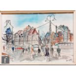 P. Norgard (C. 1950) - A busy street scene in Denmark, ink and wash drawing, signed, framed, 27cm