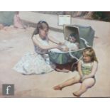 Scottish School (Contemporary) - Children sitting on a beach, oil on board, framed, 34cm x 44cm,