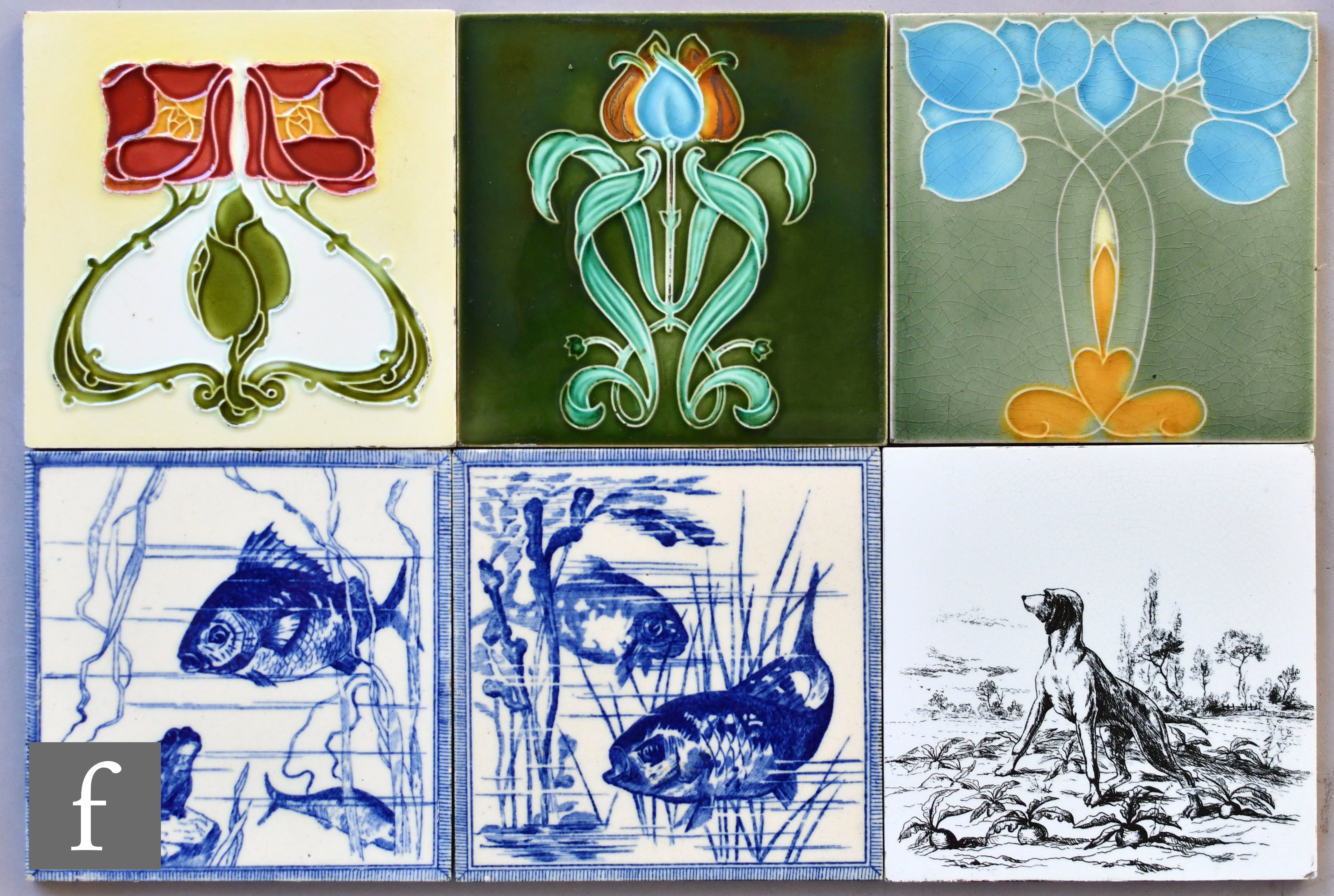 Minton Hollins - Five assorted 6in dust pressed tiles comprising two with blue and white fish