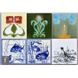 Minton Hollins - Five assorted 6in dust pressed tiles comprising two with blue and white fish