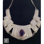 Unknown - A Sterling silver five panelled necklet with central pear shaped amethyst coloured, collar