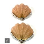 Unknown - A pair of 1930s Art Deco pink frosted glass clam shell wall lights with Odeon style chrome