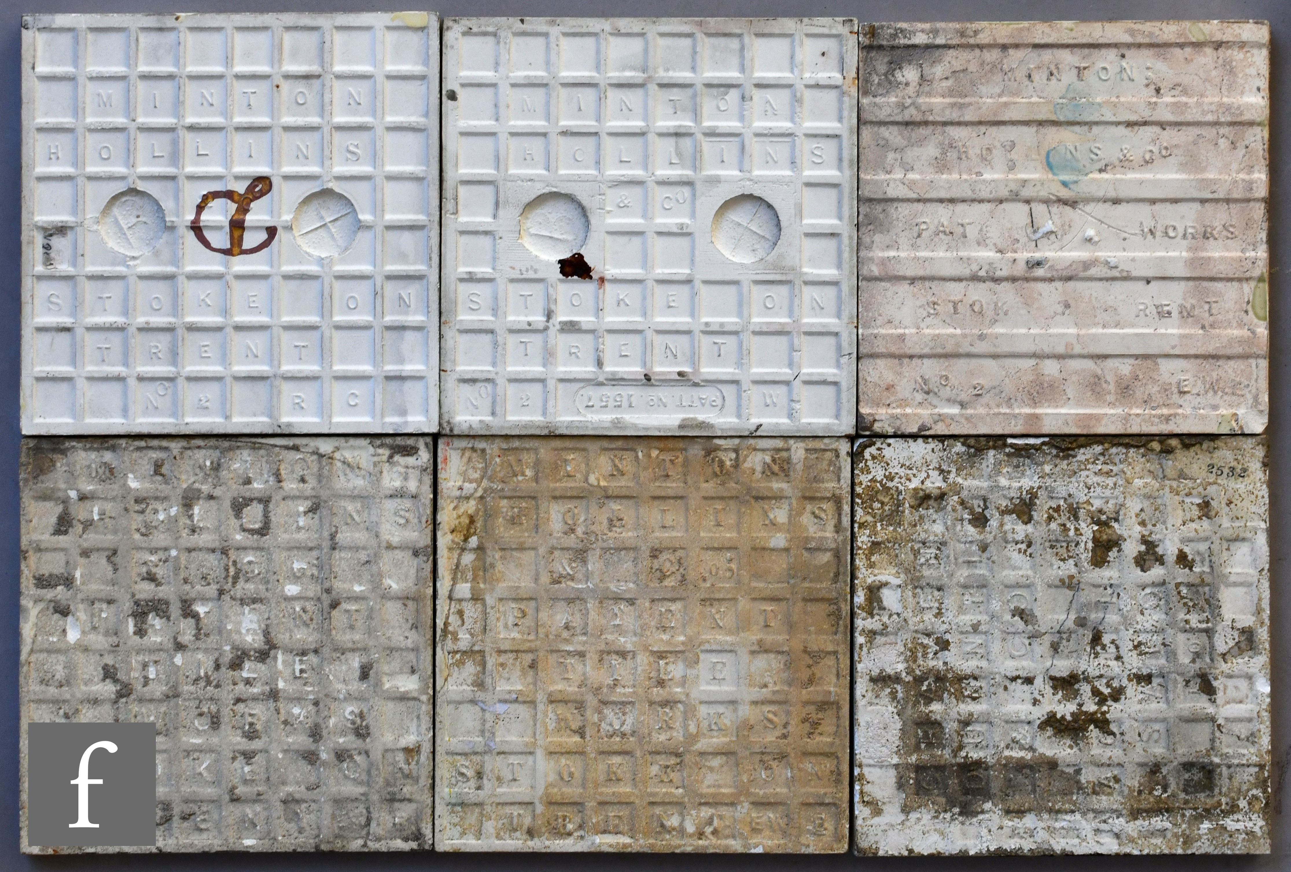 Minton Hollins - Five assorted 6in dust pressed tiles comprising two with blue and white fish - Image 2 of 2