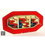 Clarice Cliff - Sunrise Red - A shape 334 sandwich tray circa 1930, hand painted with three panels