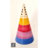 Clarice Cliff - Banded - A conical sugar sifter circa 1932, hand painted with yellow, tonal pink and