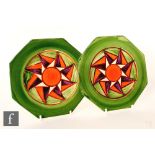 Clarice Cliff - Original Bizarre - A pair of octagonal side plates circa 1928, radially hand painted