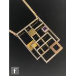 Unknown - A white and yellow metal modernist pendant of pierced rectangular form, length 5cm, set