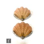 Unknown - A pair of 1930s Art Deco pink frosted glass clam shell wall lights with Odeon style chrome