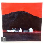 David Humphreys (B. 1937) - Village with red sky, oil on board, signed, framed, 46cm x 46cm, frame
