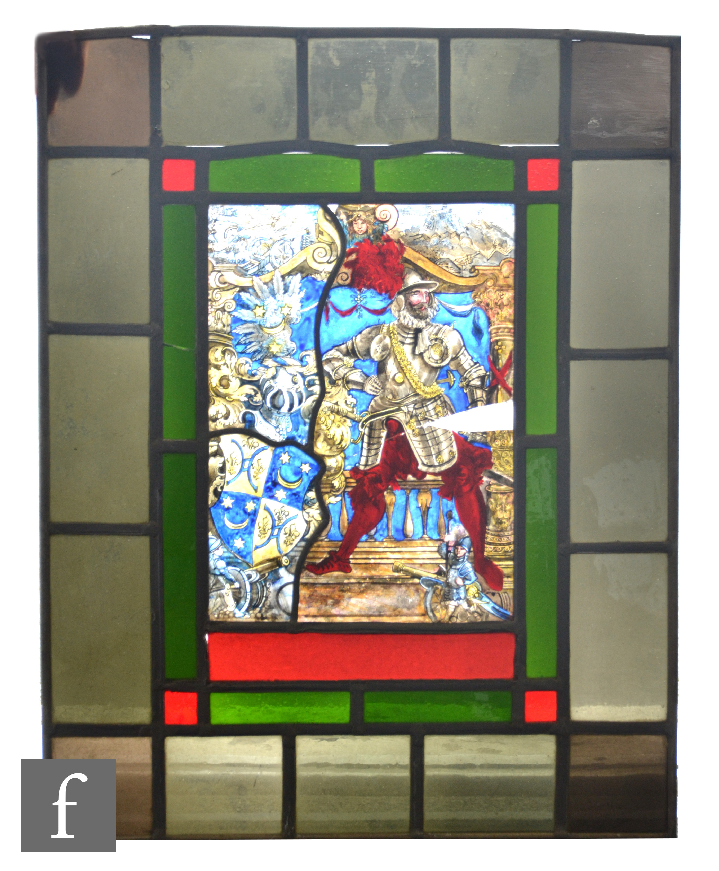 Unknown - A late 19th Century painted and stained leaded glass window panel, the central reserve