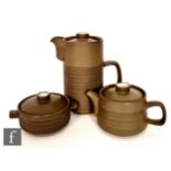 Denby - A 1960s 'Chevron' stoneware coffee pot, teapot and sugar bowl and cover decorated with