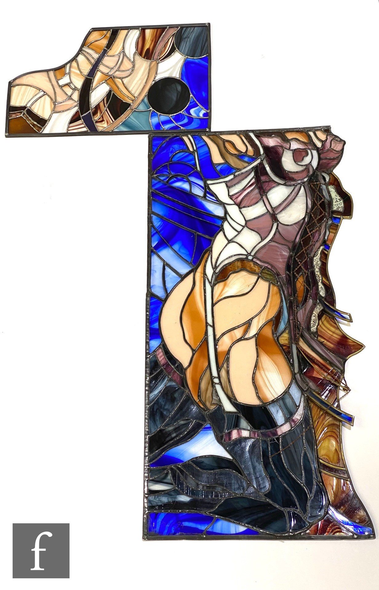 Unknown - A large stained glass panel depicting an abstract view of a female torso wearing stockings