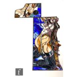 Unknown - A large stained glass panel depicting an abstract view of a female torso wearing stockings