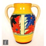 Clarice Cliff - Umbrellas - A 10" (Isis size) twin handled Lotus jug circa 1930, hand painted with