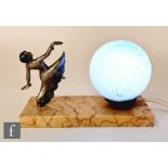 Unknown - A 1930s table lamp detailed with a spelter figure of a dancer beside a mottled blue shade,