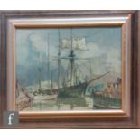 Sydney Vale, FRSA (b.1916) - A sailing ship and other vessels in harbour, oil on board, framed, 38.