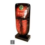 Peter Hayes - A large raku sack form sculpture with inset copper roundel decorated with red wash