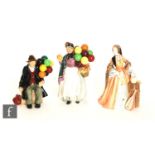 Three Royal Doulton figures comprising Biddy Penny Farthing HN1842, The Balloon Man HN1954 and