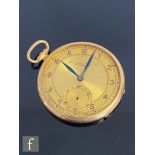 A 9ct hallmarked crown wind dress pocket watch, Arabic numerals to a gilt dial, case diameter