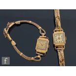 Two early 20th Century lady's 18ct wrist watches each with Arabic numerals to a square dial and a