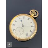 An 18ct hallmarked open faced crown wind pocket watch, Roman numerals to a white enamelled dial,