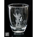 A post war Kjellander glass vase of compressed ovoid form, engraved with Cupid firing an arrow,
