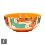 A Clarice Cliff Sunrise pattern Holborn shape fruit bowl circa 1929, hand painted with panels of