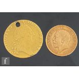 A George III spade guinea dated 1788, holed, and a George half sovereign 1915. (2)