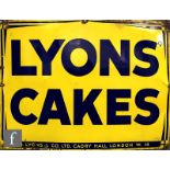A 1940s or 1950s Lyons Cakes enamel sign, wallpapered to the reverse, 100cm x 70cm.
