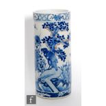 A Chinese late Qing Dynasty (1644-1912) blue and white sleeve vase of cylindrical form, the body