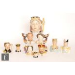Ten assorted Royal subject character jugs comprising six Royal Doulton examples, Queen Victoria