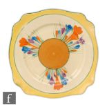 A Clarice Cliff Autumn Crocus pattern Leda shape plate circa 1930 radially hand painted with