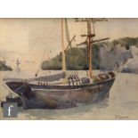 SAMUEL TOWERS (1862-1943) - A moored sailing boat, watercolour, signed, framed, 13.5cm x 17cm, frame