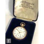A 9ct hallmarked open faced crown wind pocket watch, Roman numerals to a white enamelled dial,
