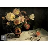 B. C. WYLDE (MID 20TH CENTURY) - A still life with roses in a copper jug on a table top, oil on