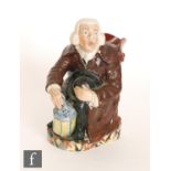 A 19th Century Staffordshire George Whitfield type character jug modelled as a Nightwatchman sat