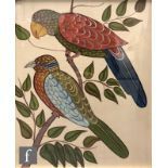 INDIAN SCHOOL (LATE 20TH CENTURY) - Two parrots perched on a branch, gouache on silk, framed, 48cm x
