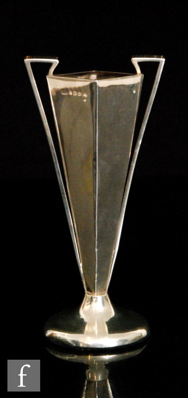 A hallmarked silver bud vase of footed form with flared diamond form body and applied twin angular - Image 2 of 2