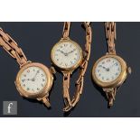 Three early 20th Century 9ct hallmarked lady's wrist watches with Arabic numerals to a circular