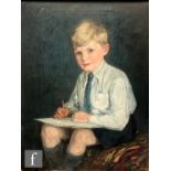 ENGLISH SCHOOL (C. 1950) - Portrait of a young boy with a sketch book, oil on canvas, framed, 70cm x