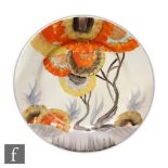 A Clarice Cliff Rhodanthe pattern side plate circa 1934, hand painted with a stylised tree landscape