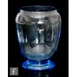 A 1930s Whitefriars Wealdstone range vase of footed ovoid form with fluted body in sapphire, acid