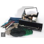 A collection of assorted fountain pens, propelling pencils, evening bags and a snuff box. (qty)