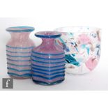 A Mdina glass vase of tapered cylindrical form, decorated with abstract blue, pink and lilac