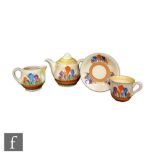 A Clarice Cliff Crocus pattern Georgian shape early morning breakfast set comprising teapot, milk,