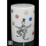 A post war glass light shade of cylindrical form, enamel decorated with a scene of a juggling