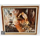 D.W.A. GLOVER (CONTEMPORARY) - Workers in a forge, oil on canvas, signed, framed, 61cm x 76cm, frame