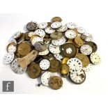 A parcel lot of assorted pocket and fob watch movements, dial, dust covers and parts,